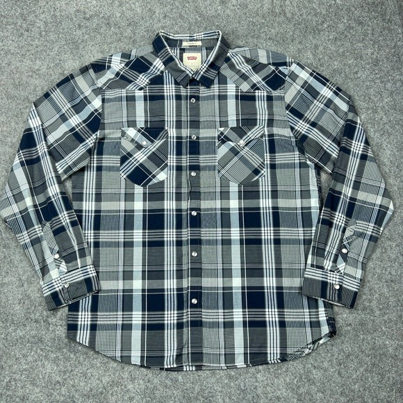 Levi's Shirt Mens Extra Large Black Gray Plaid‎ Long Sleeve Pearl Snap Western - Picture 1 of 12